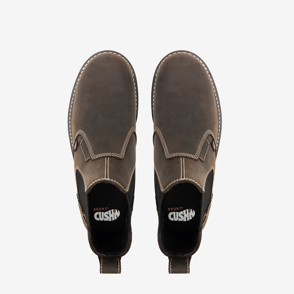 Above shot of the toe shape of the BRUNT 6 inch usa welted comp toe slip on work boot in dark brown