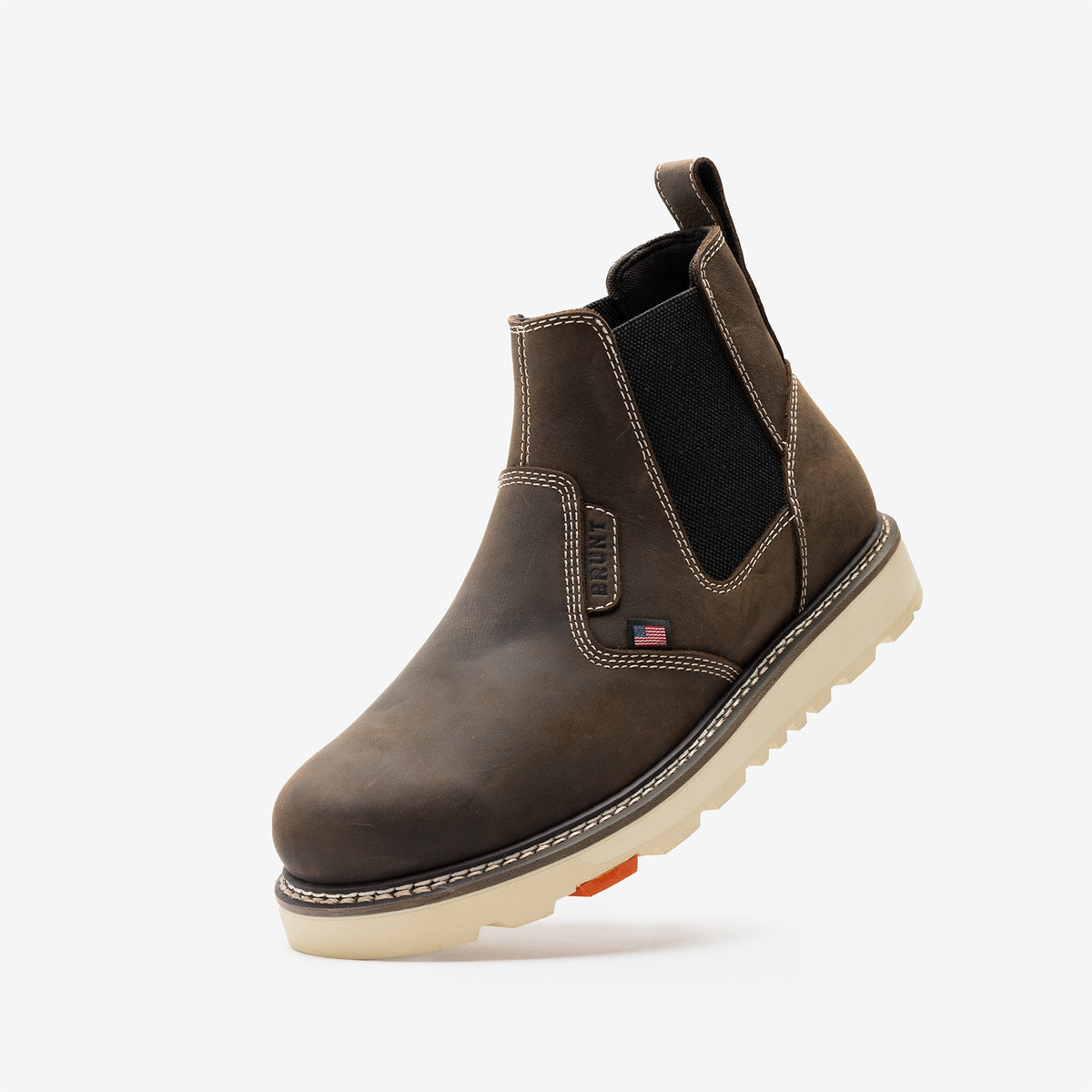 45 degree angle of the left BRUNT 6 inch usa welted comp toe slip on work boot in dark brown