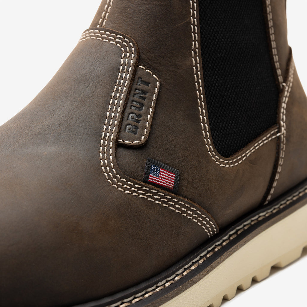 Close up of the BRUNT 6 inch usa welted slip on work boot in dark brown