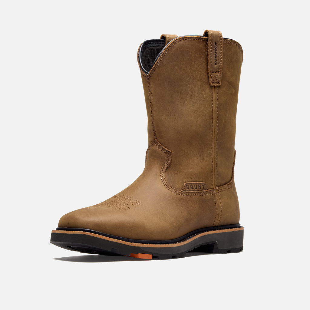 45 degree angle of the left BRUNT 10 inch waterproof square toe work boot in brown