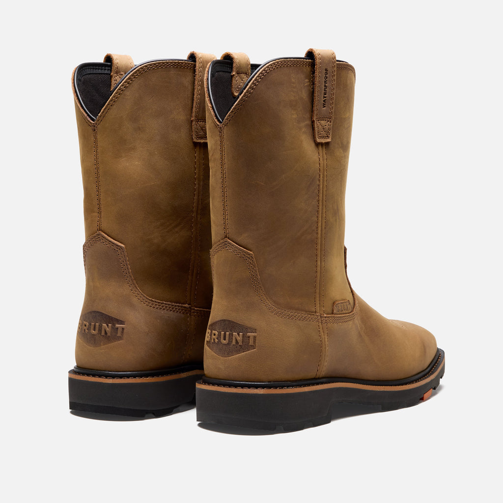 45 degree angle of the back BRUNT 10 inch waterproof square toe work boot in brown