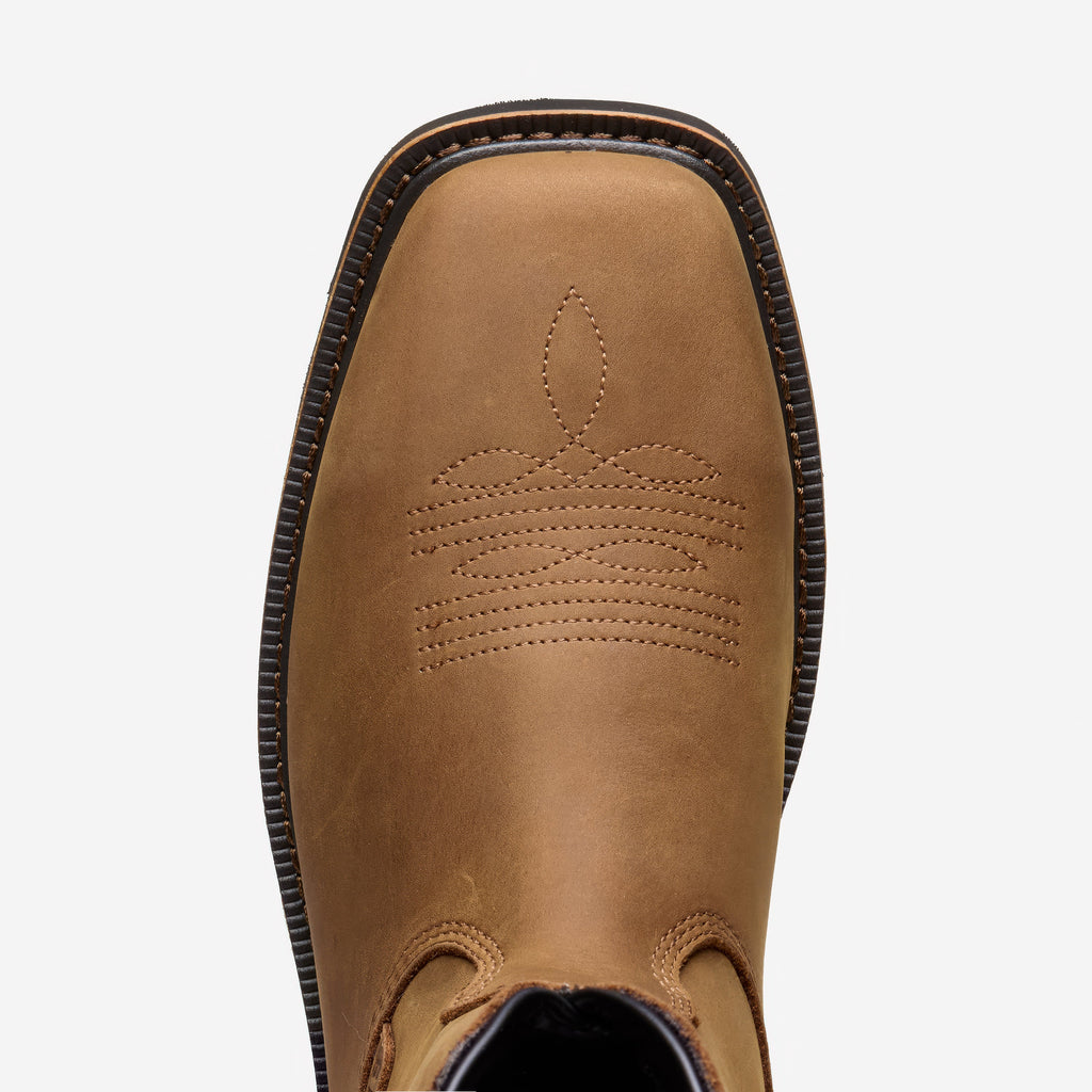 Above shot of the toe shape of the BRUNT 10 inch waterproof composite square toe work boot in brown