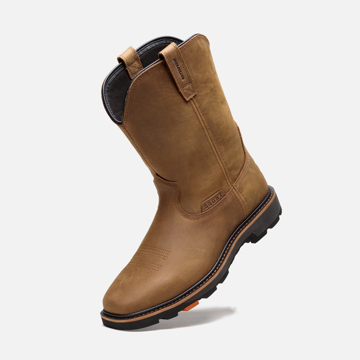 45 degree angle of the left BRUNT 10 inch waterproof square toe work boot in brown
