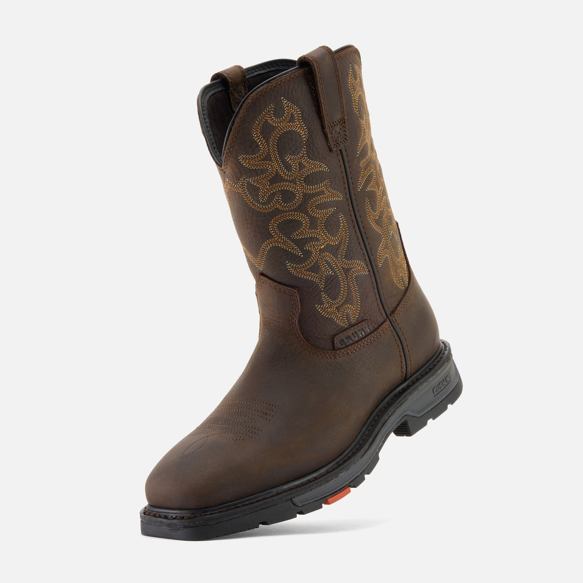 45 degree angle of the left BRUNT 10 inch welted composite square toe work boot in dark brown