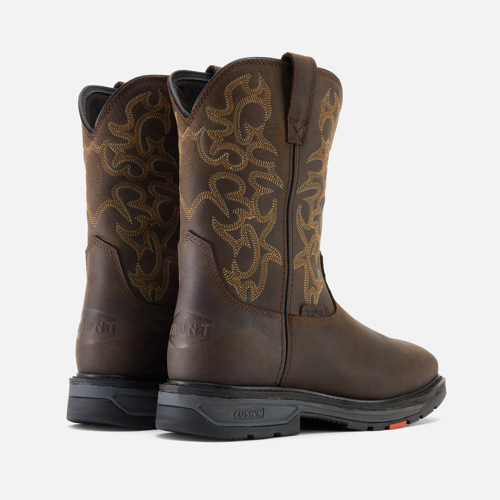 45 degree angle of the back BRUNT 10 inch welted composite square toe work boot in dark brown