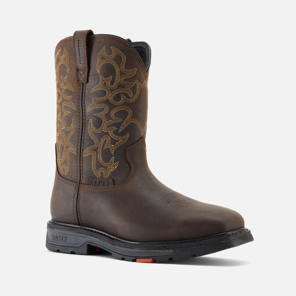 45 degree angle of the right BRUNT 10 inch welted waterproof square toe work boot in dark brown