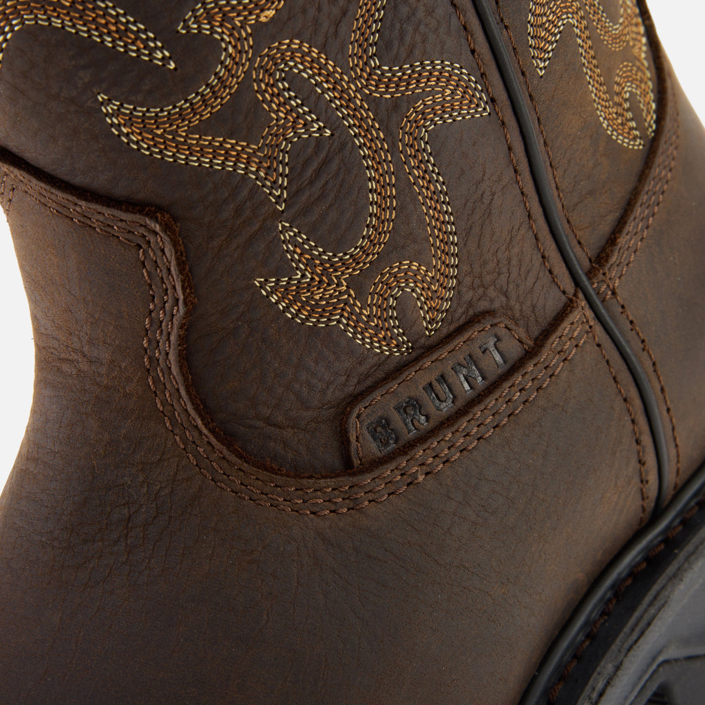 Close up details of the BRUNT 10 inch welted waterproof composite square toe work boot in dark brown