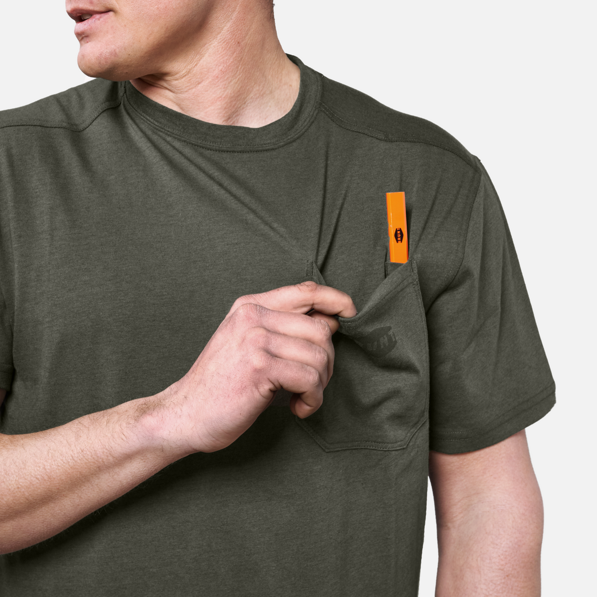 Front of chest pocket with pencil slot of the BRUNT high quality short sleeve pocket tee in army green