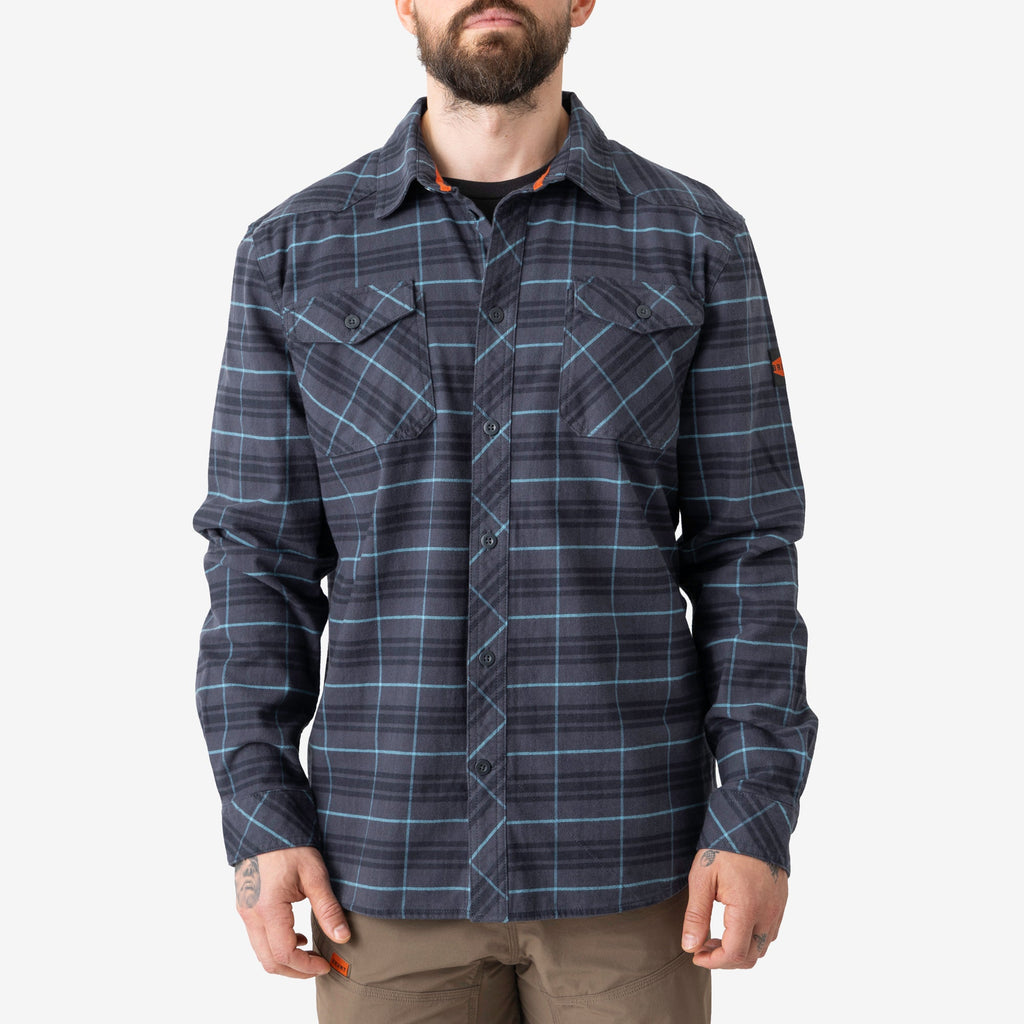 Front of BRUNT comfortable stretch work flannel in blue plaid