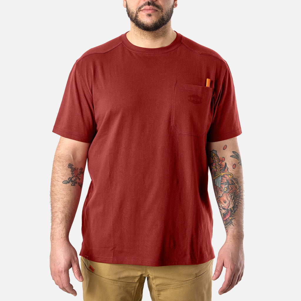 Front of the BRUNT high quality short sleeve pocket tee in brick red