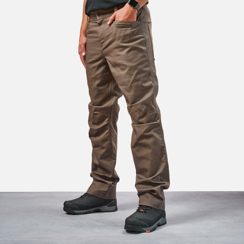 45 degree angle of front left side of BRUNT water resistant stretch torra work pant in brown