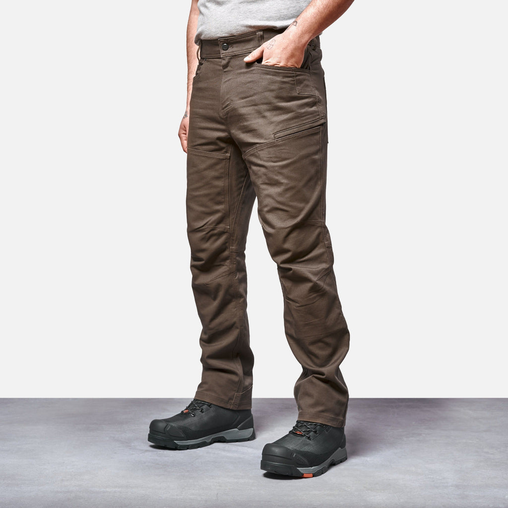 45 degree angle of the front left side of the BRUNT water resistant double knee cargo pants in brown
