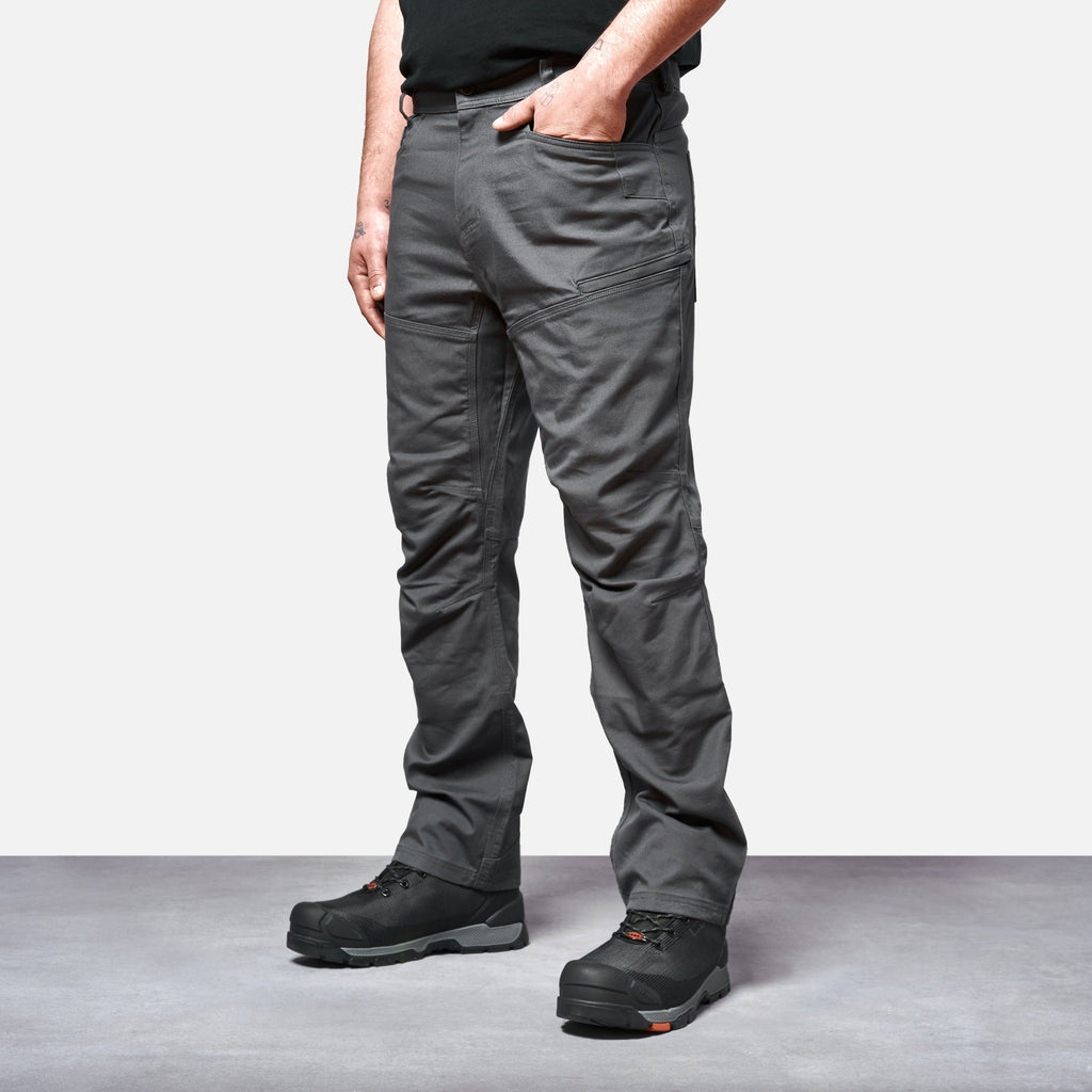 45 degree angle of front left side of BRUNT water resistant double knee cargo pants in charcoal