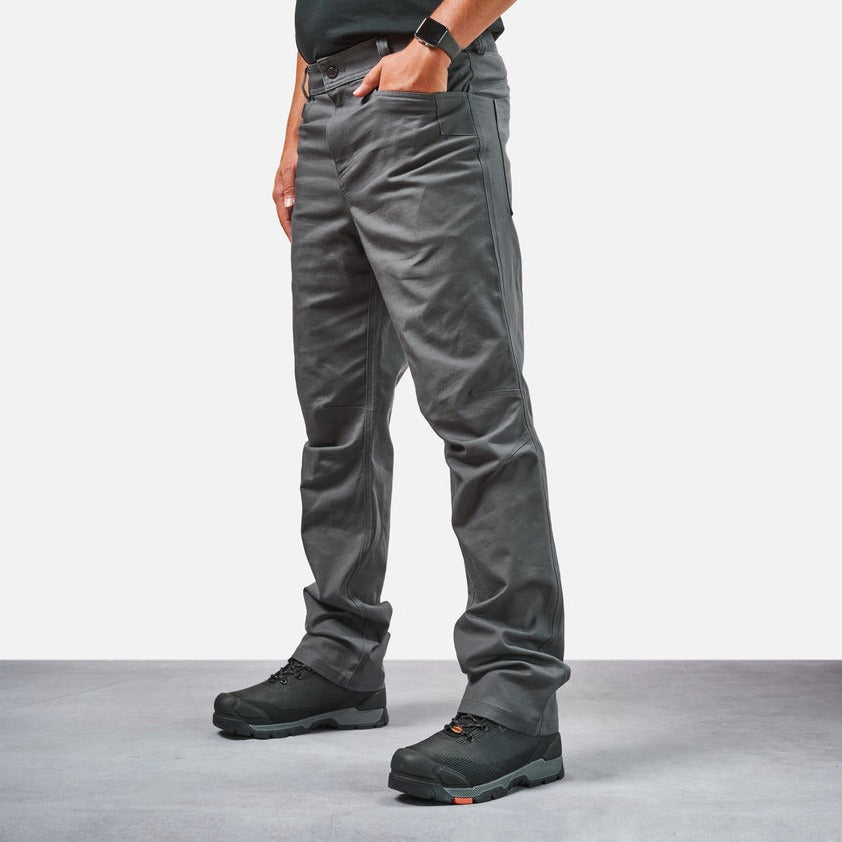 45 degree angle of front left side of BRUNT water resistant stretch torra work pant in charcoal