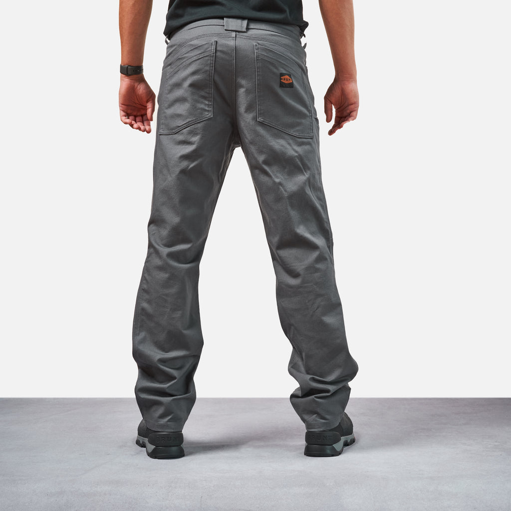 Back of BRUNT water resistant stretch torra work pant in charcoal