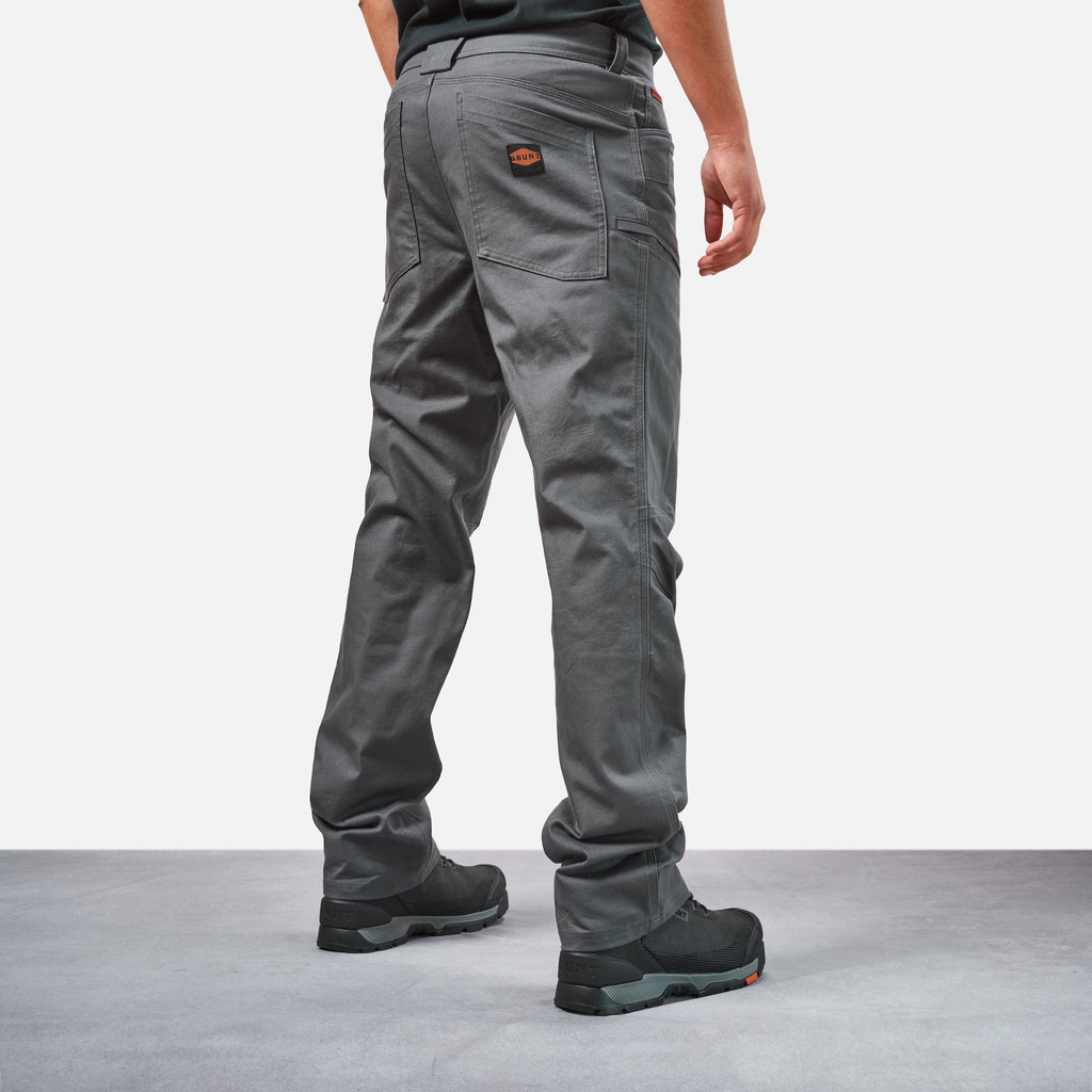 45 degree angle of back right side of BRUNT water resistant stretch torra work pant in charcoal * 3