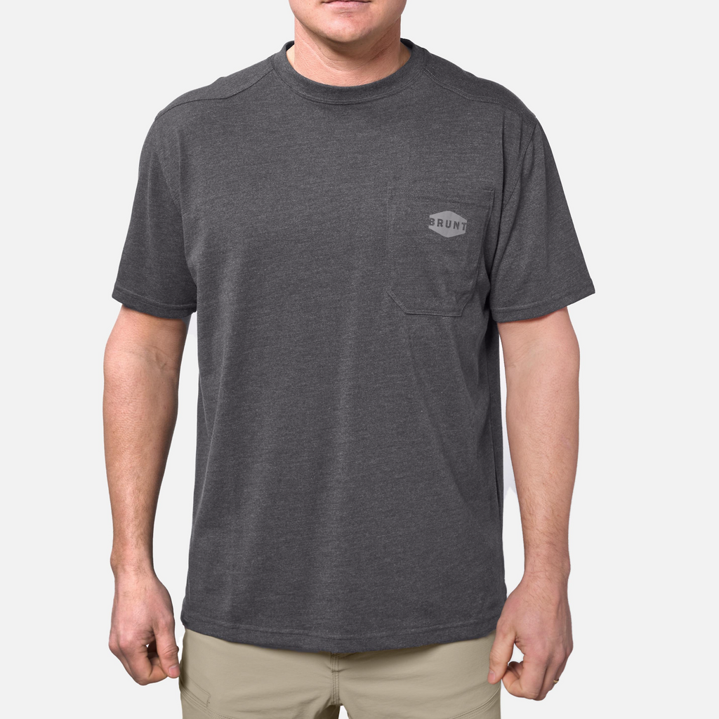 Front of the BRUNT high quality short sleeve pocket tee in dark grey heather