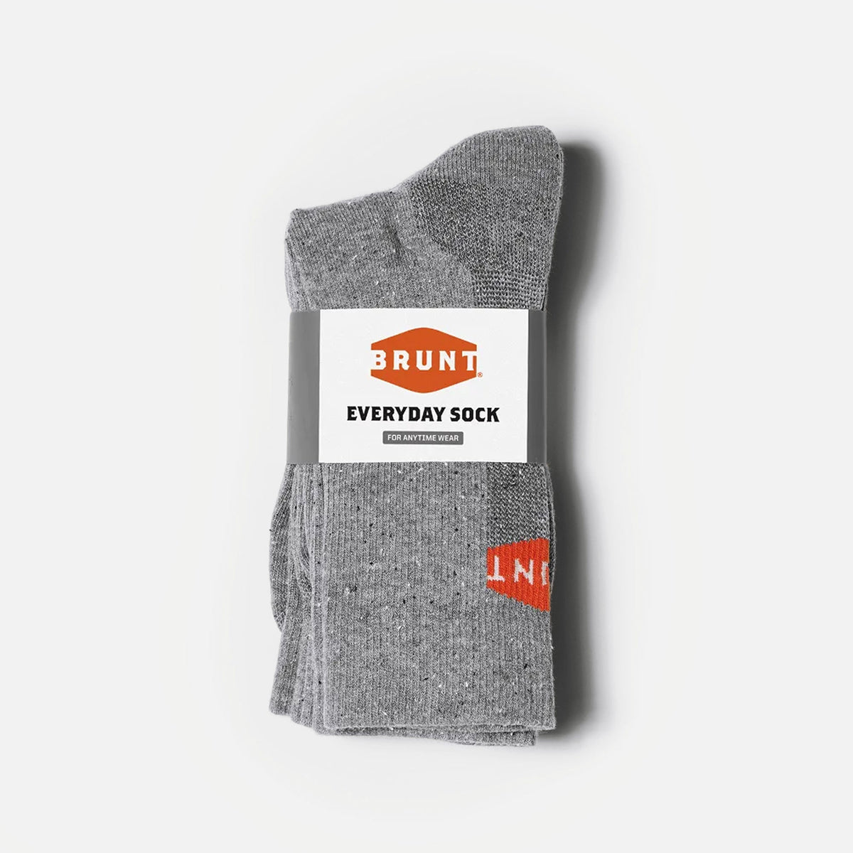 High quality, durable performance socks with BRUNT logo in grey folded in package * 0
