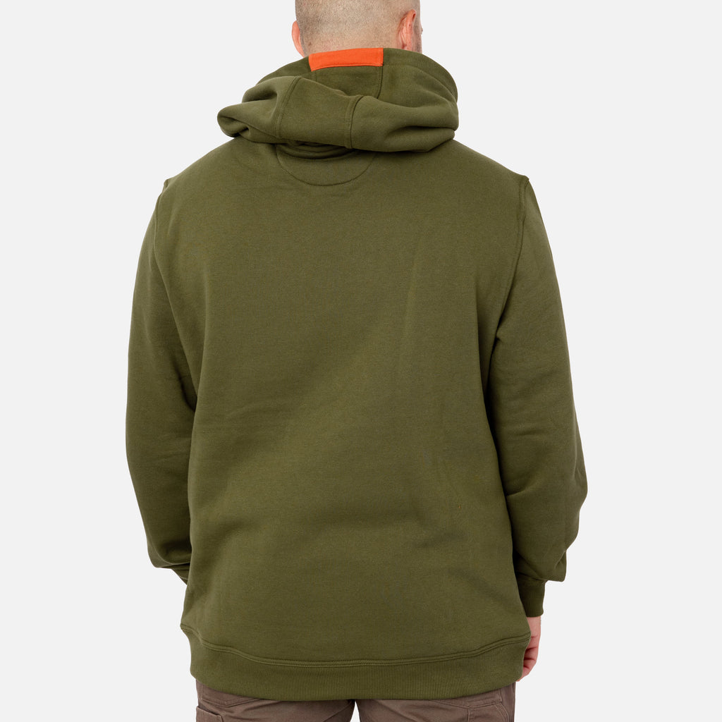 Back of the BRUNT water resistant shevlin work hoodie in hunter green