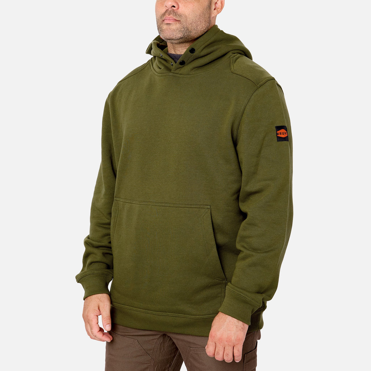 45 degree angle of the front left side of the BRUNT water resistant shevlin work hoodie in hunter green