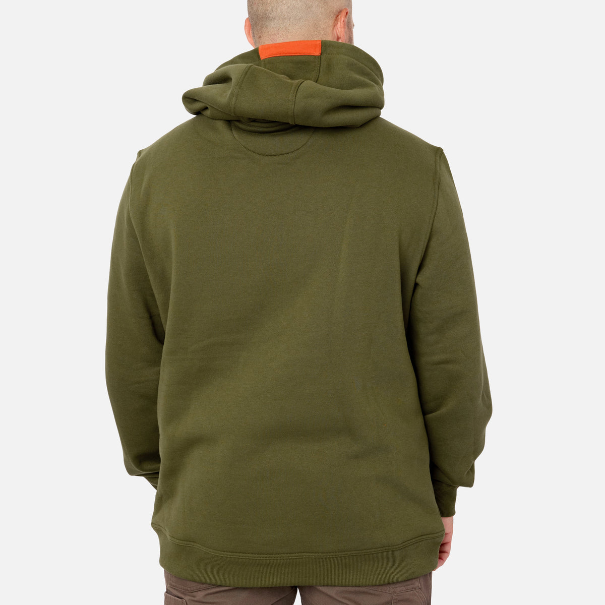 Back of the BRUNT water resistant shevlin work hoodie in hunter green