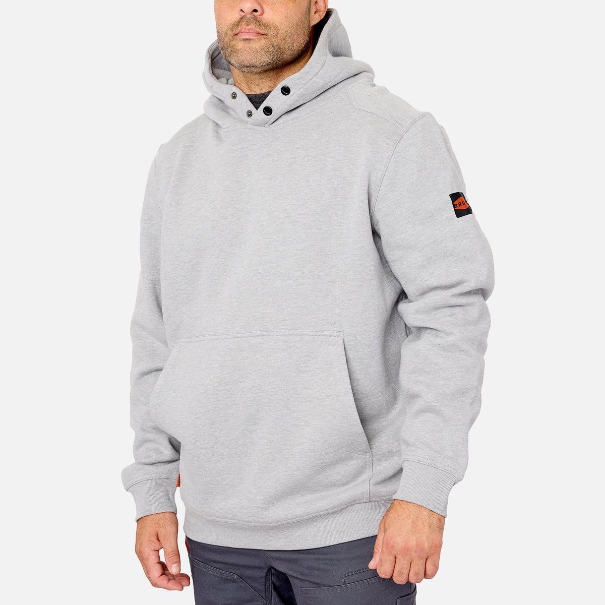 45 degree angle of the front left side of the BRUNT water resistant shevlin work hoodie in light grey heather