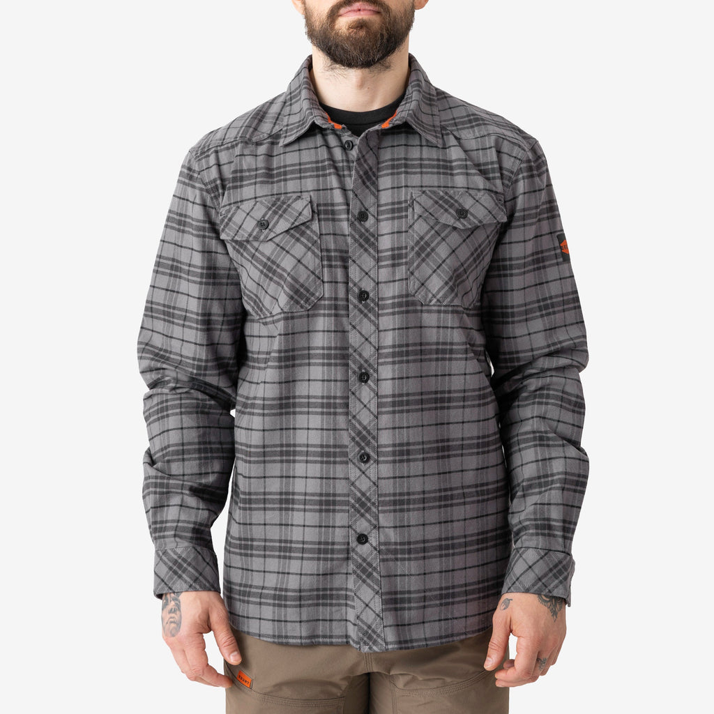 Front of BRUNT comfortable stretch work flannel in grey plaid