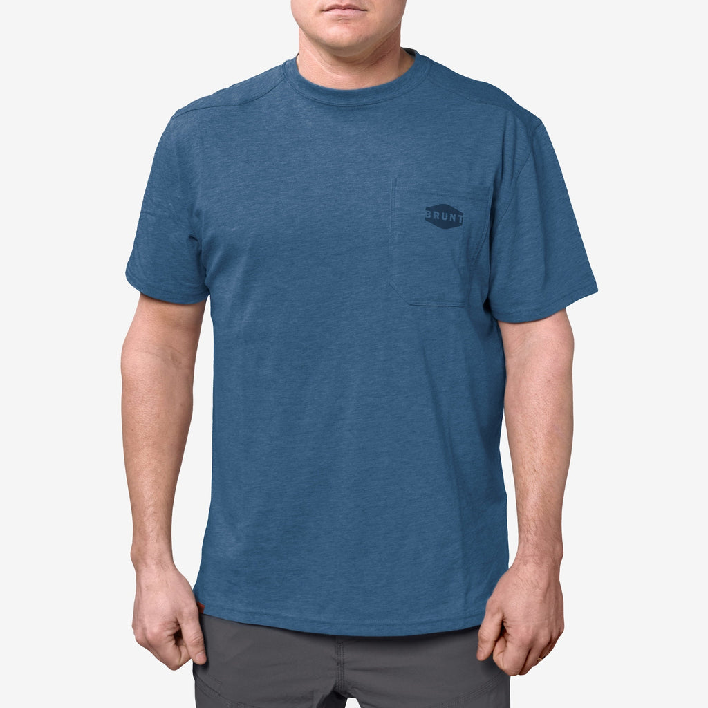 Front of the BRUNT high quality short sleeve pocket tee in blue heather