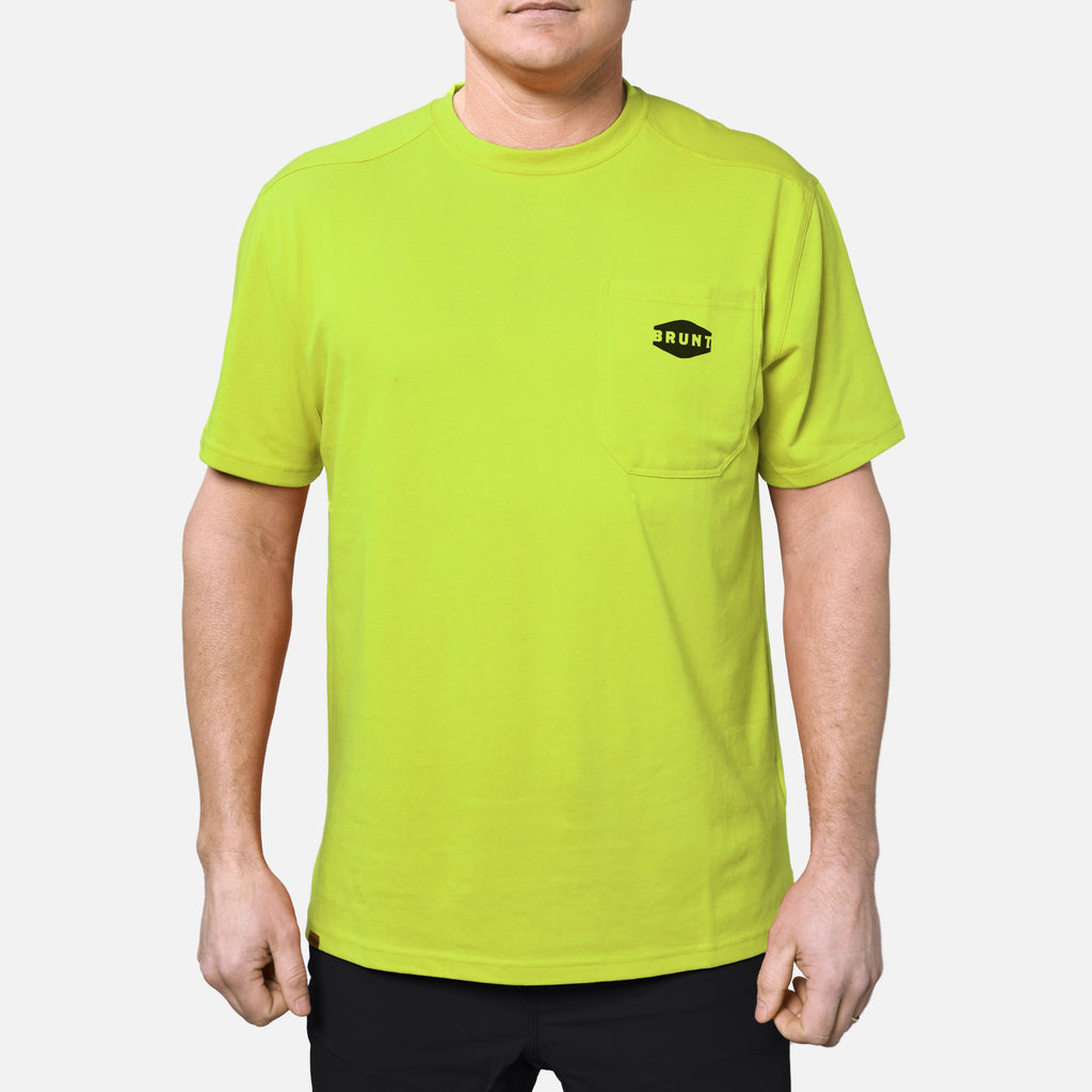 Front of the BRUNT high quality short sleeve pocket tee in safety yellow