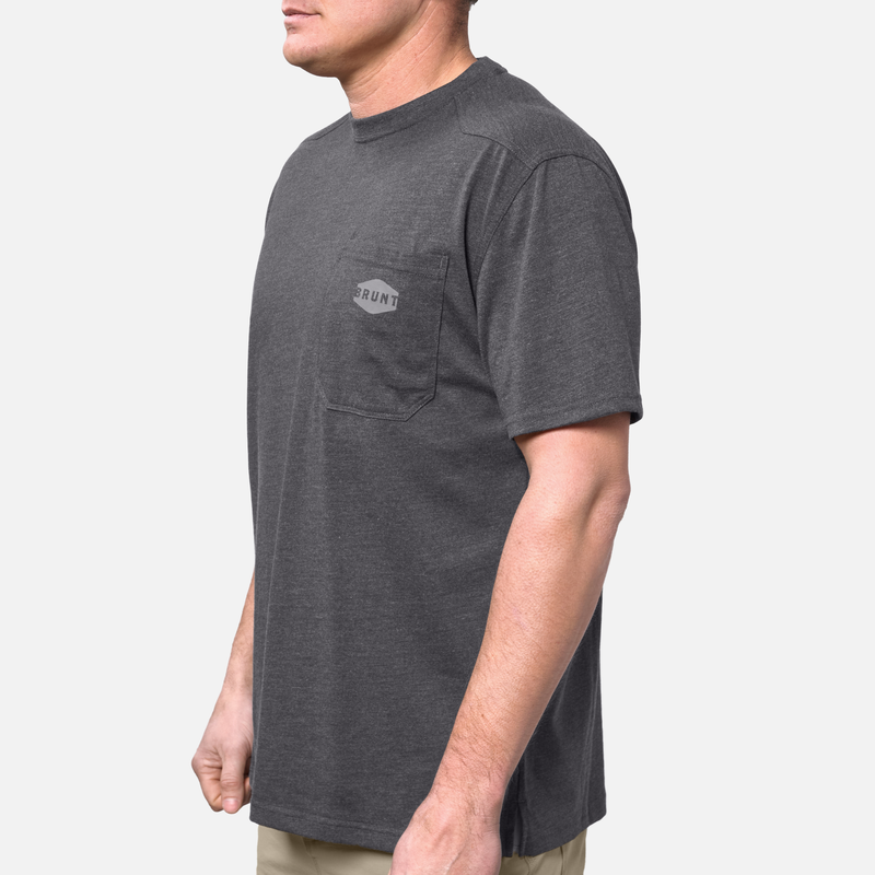 45 degree angle of the front left BRUNT high quality short sleeve pocket tee in dark grey * 2