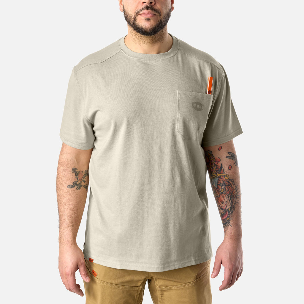 Front of the BRUNT high quality short sleeve pocket tee in khaki