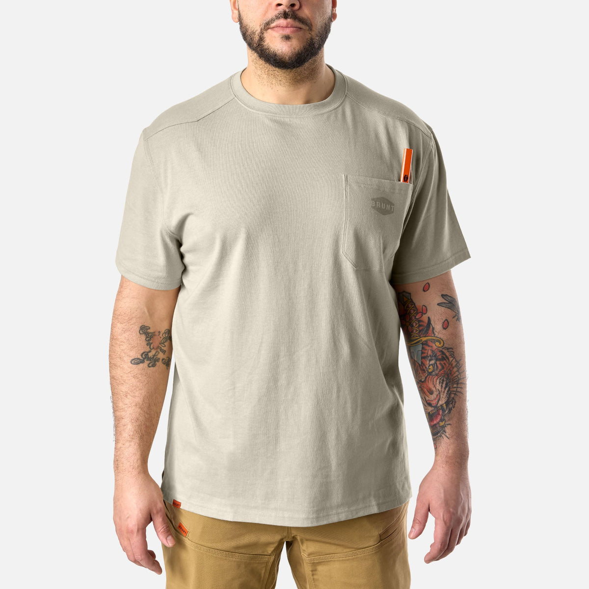 Front of the BRUNT high quality short sleeve pocket tee in khaki