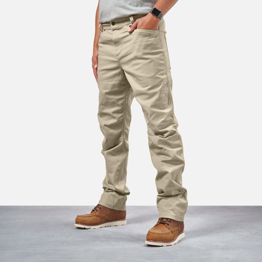 45 degree angle of front left side of BRUNT water resistant stretch torra work pant in khaki
