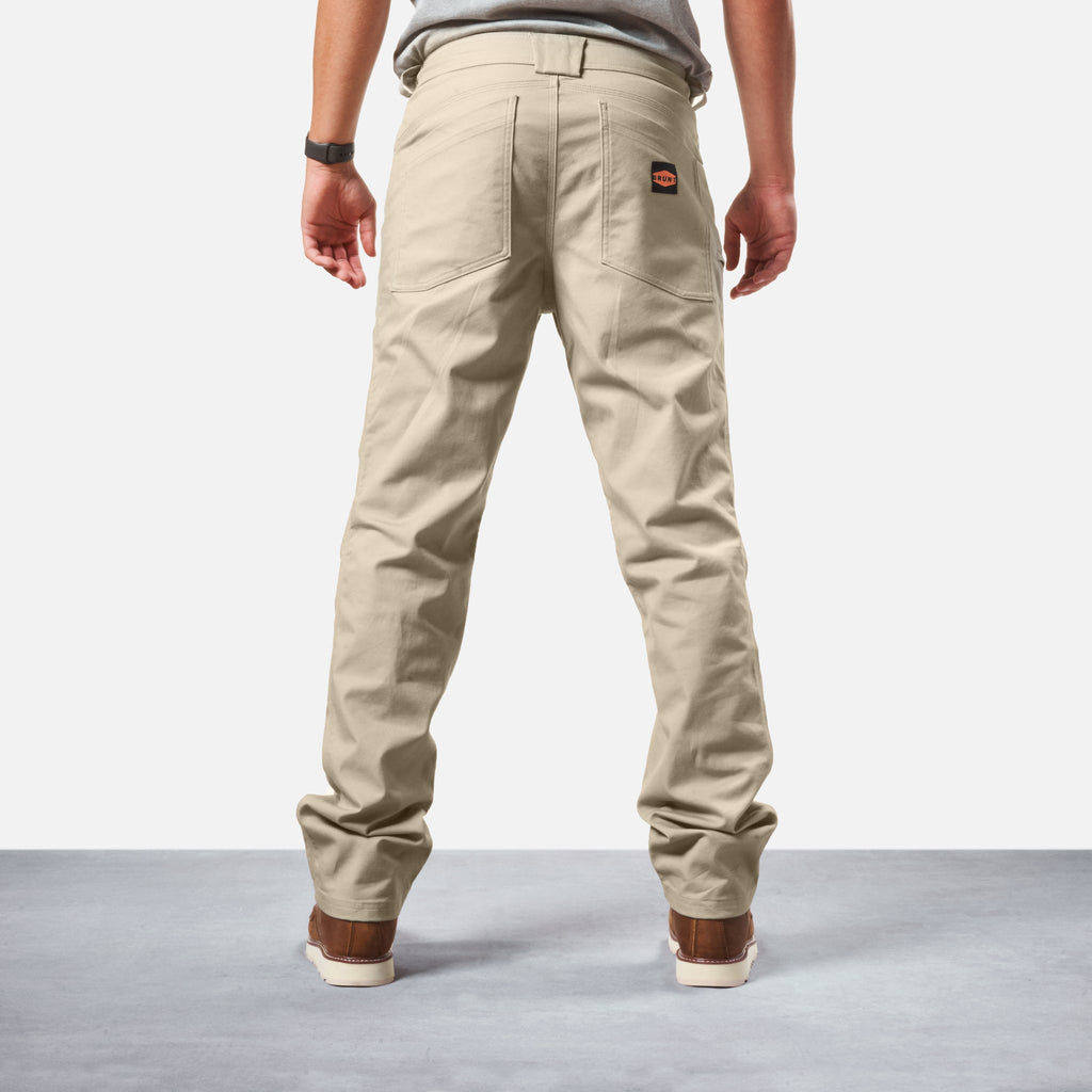 Back of BRUNT water resistant stretch torra work pant in khaki