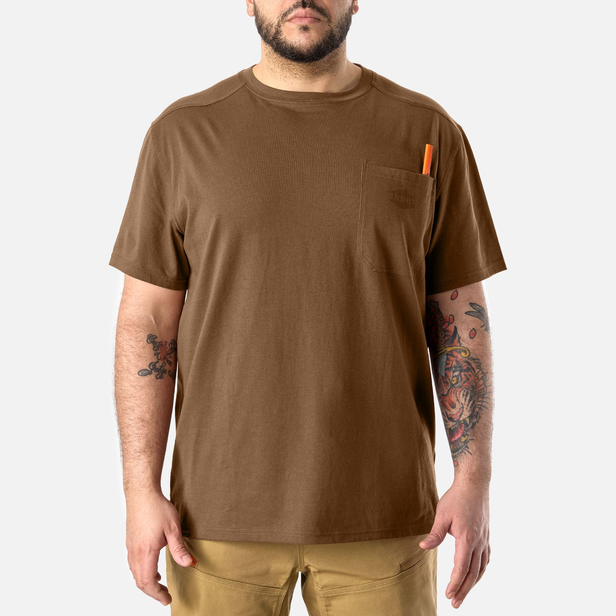 Front of the BRUNT high quality short sleeve pocket tee in mud brown