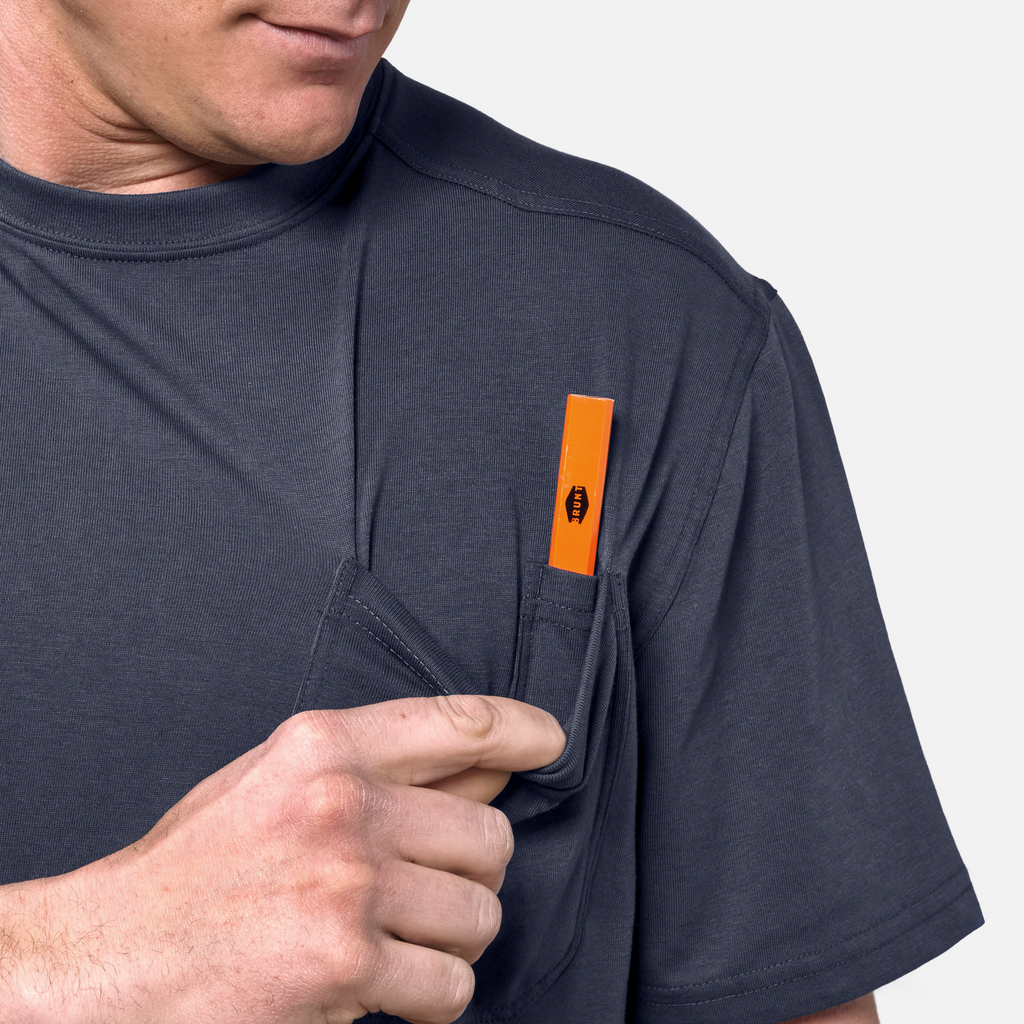Front of chest pocket with pencil slot of the BRUNT high quality short sleeve pocket tee in navy blue