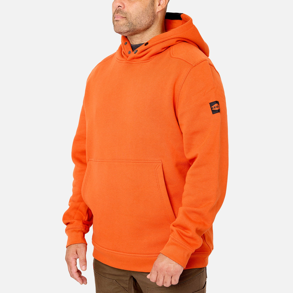 45 degree angle of the front left side of the BRUNT water resistant shevlin work hoodie in BRUNT orange