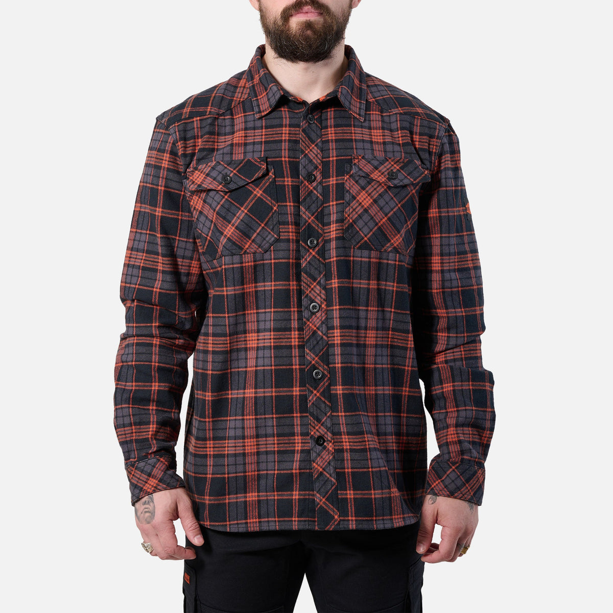 Front of the BRUNT heavy duty stretch work flannel in orange and black plaid