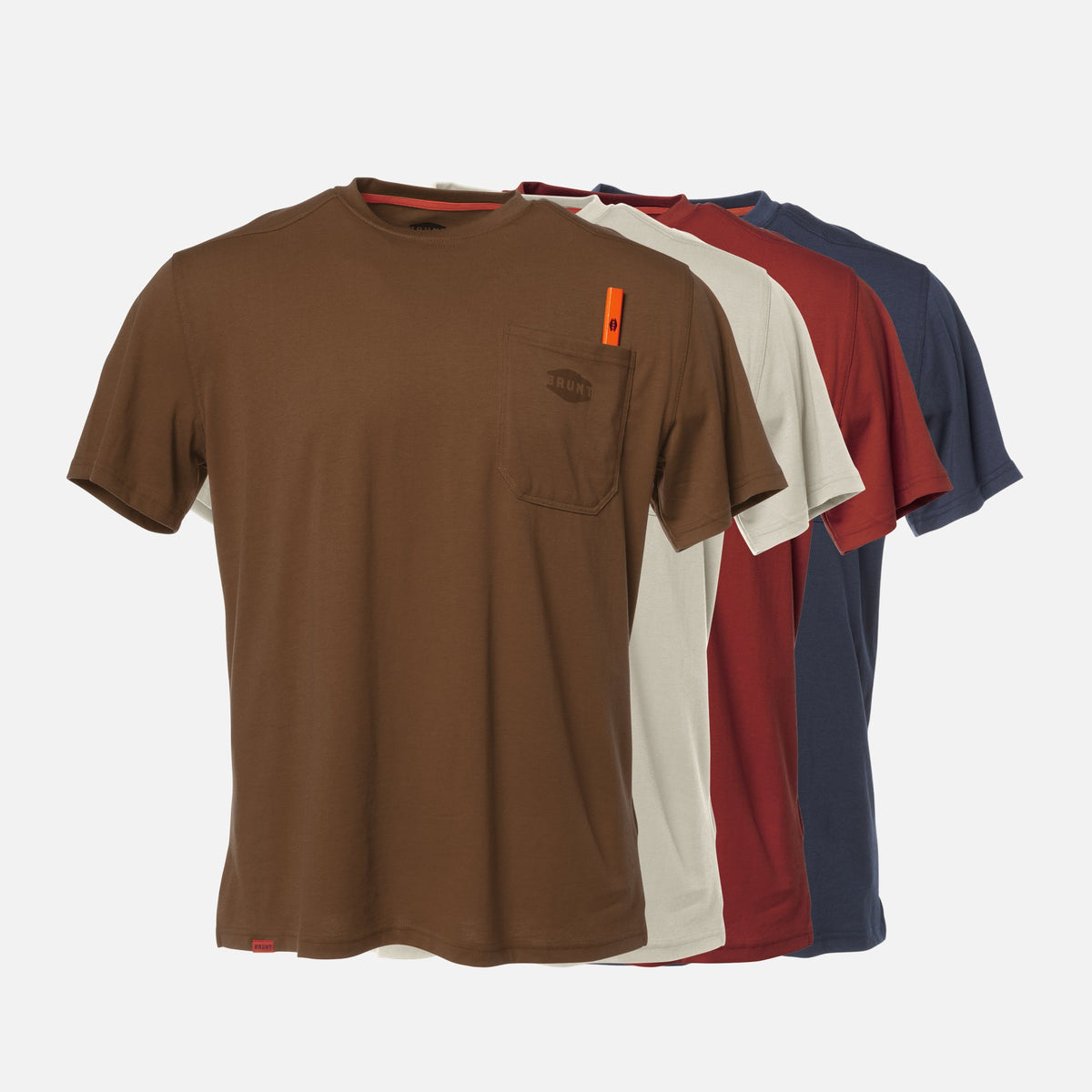 Front of the BRUNT high quality short sleeve pocket tee in mud brown, khaki, brick red and navy blue