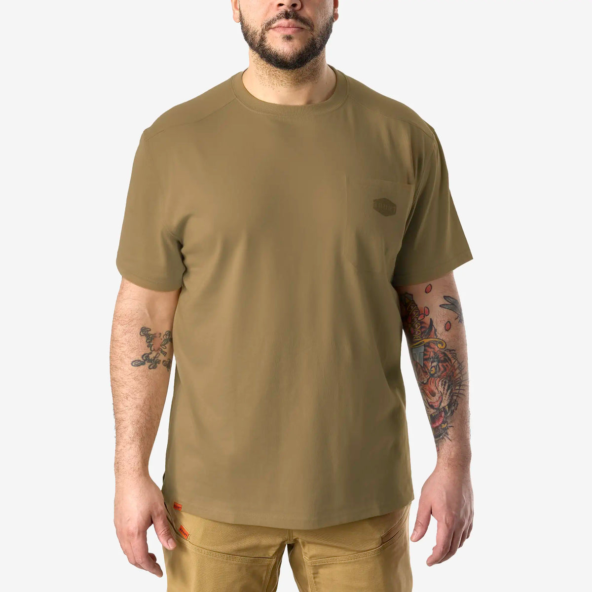 Front of the BRUNT high quality short sleeve pocket tee in tan