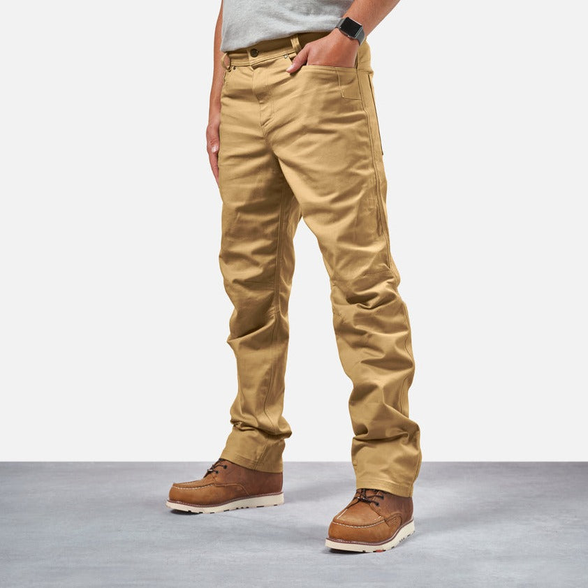 45 degree angle of front left side of BRUNT water resistant stretch torra work pant in tan