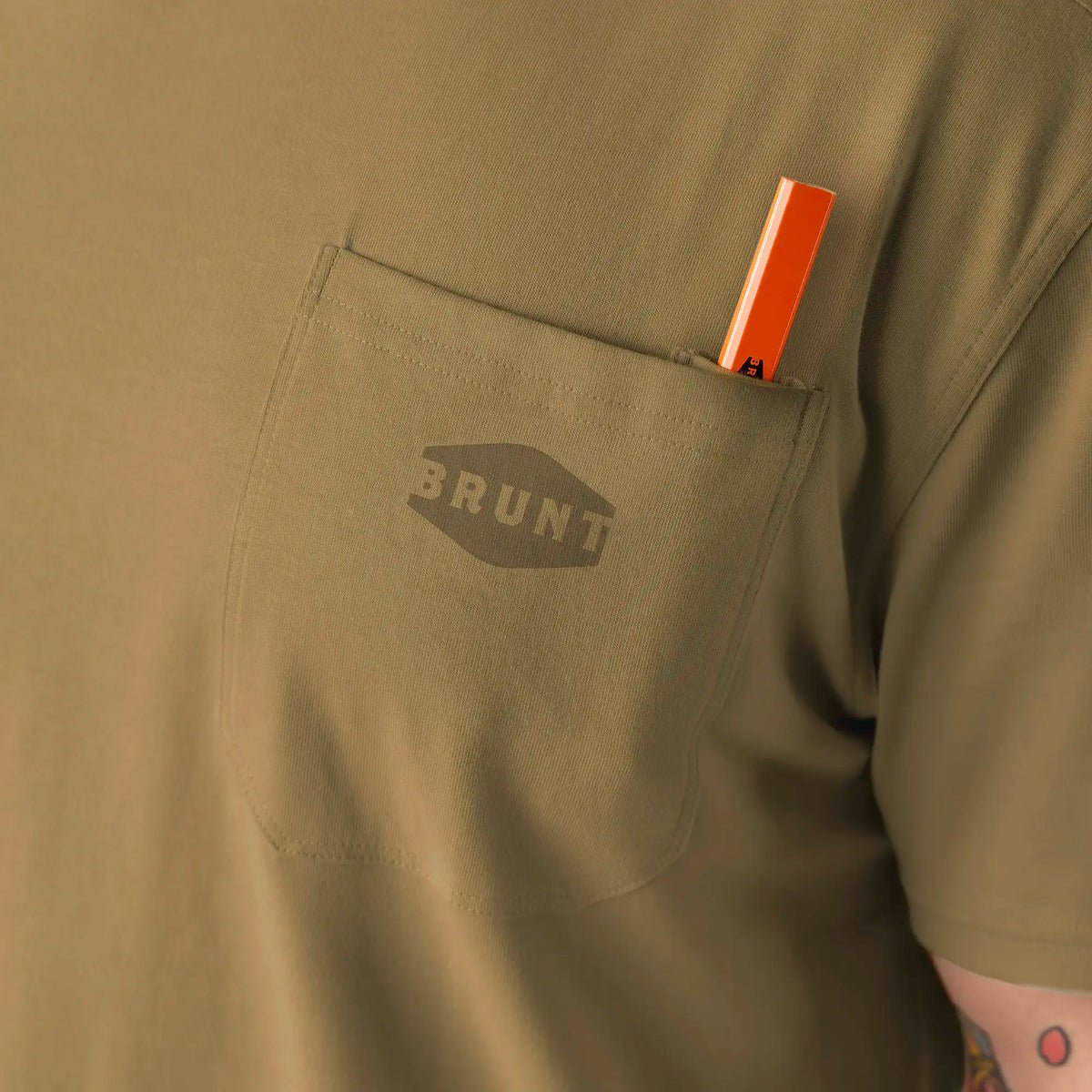 Front of chest pocket with pencil slot of the BRUNT high quality short sleeve pocket tee in tan