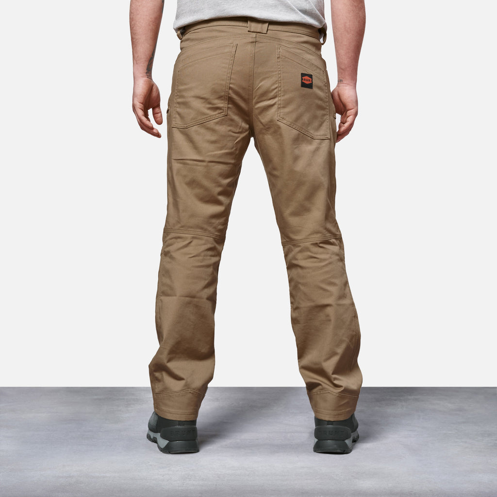 Back of BRUNT water resistant double knee cargo pants in tan