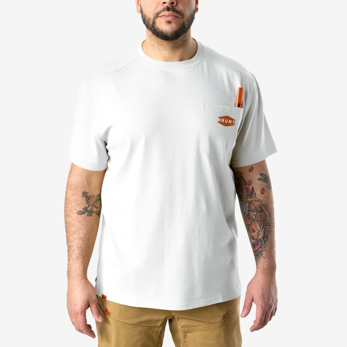 Front of the BRUNT high quality short sleeve pocket tee in white