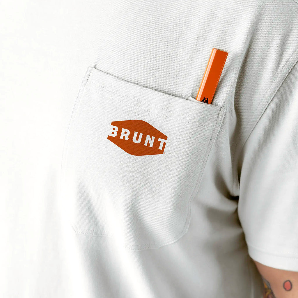Front of chest pocket with pencil slot of the BRUNT high quality short sleeve pocket tee in white